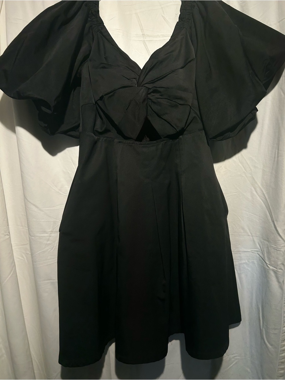 VENUS Black Cocktail Dress M Puff Sleeves Bow Front Cutout Pockets NWOT